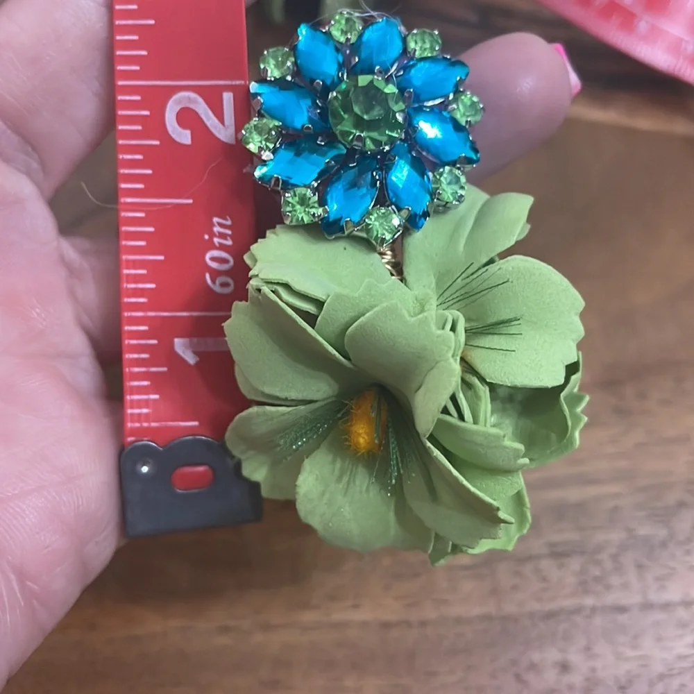 Teal blue lime green crystal flower statement beaded earrings Anthropologie